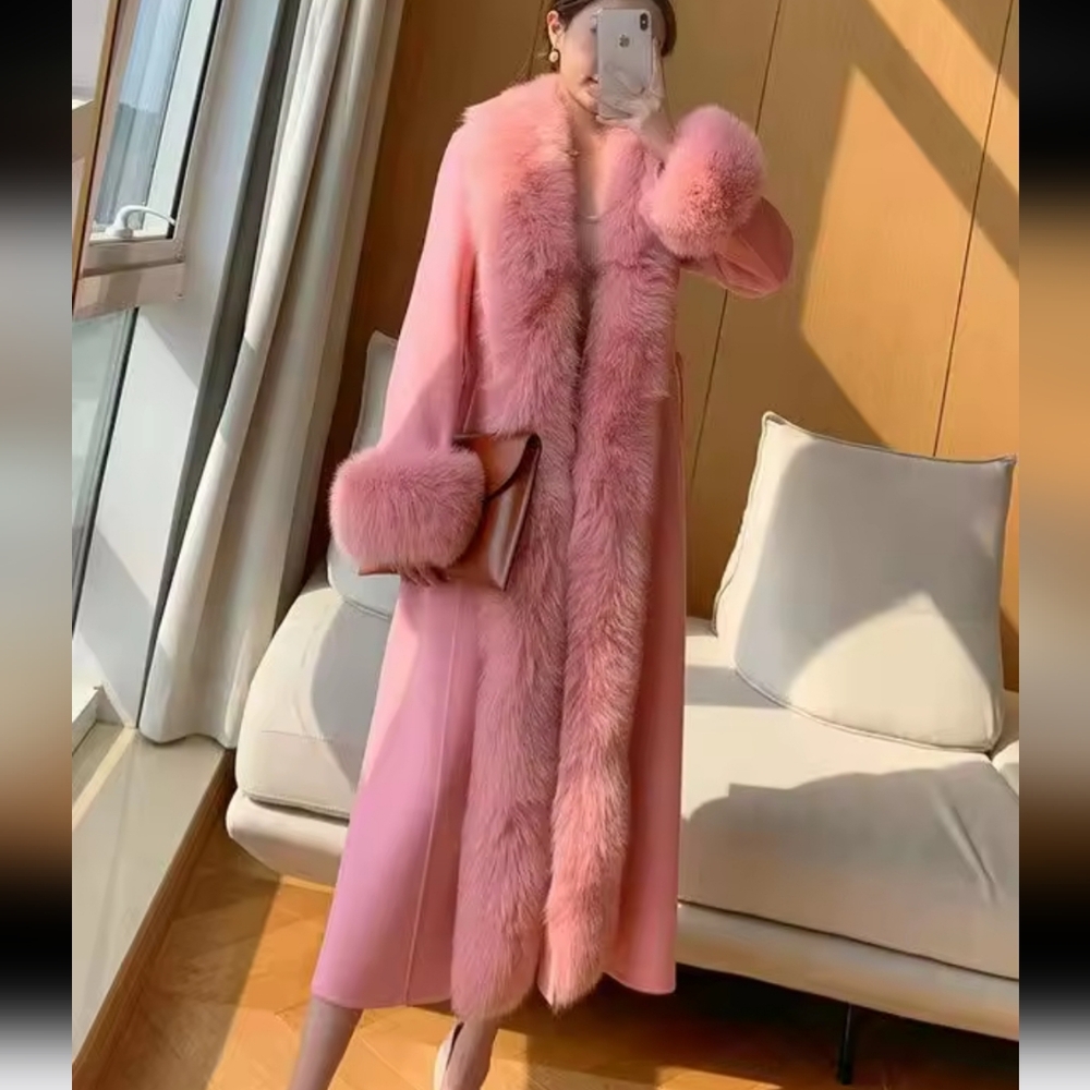 Winter New Women Elegant Solid Faux Fur Collar Woolen Coats Lady Thick Warm Pink - Picture 5 of 6